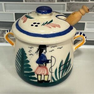 Vintage Quimper France HB Man Marmalade Jelly Pot With Lid & Spoon